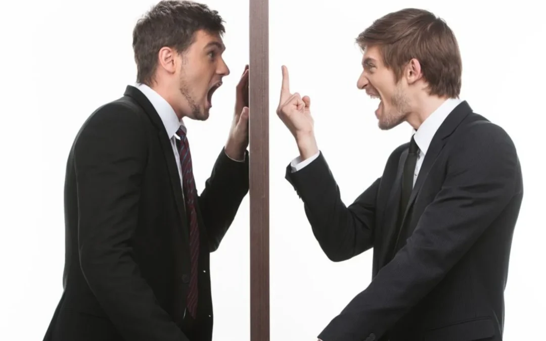 two people standing on either side of a door yelling at each other