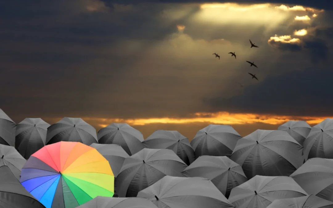 brightly coloured umbrella standing out against black umbrellas