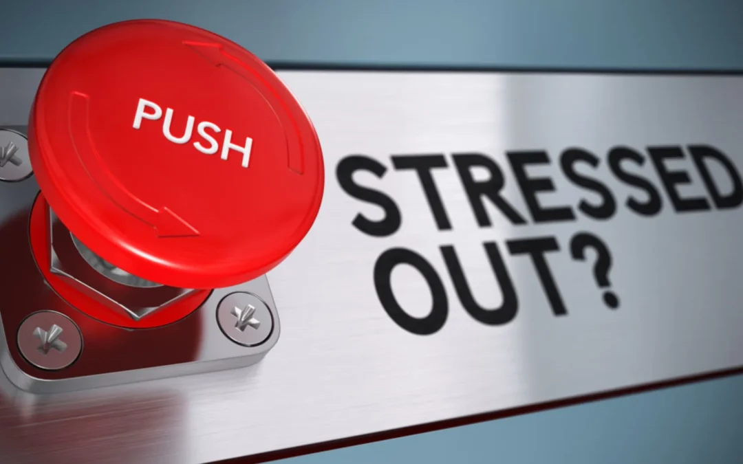big red button labeled "push" with banner beside it reading "stressed out?"