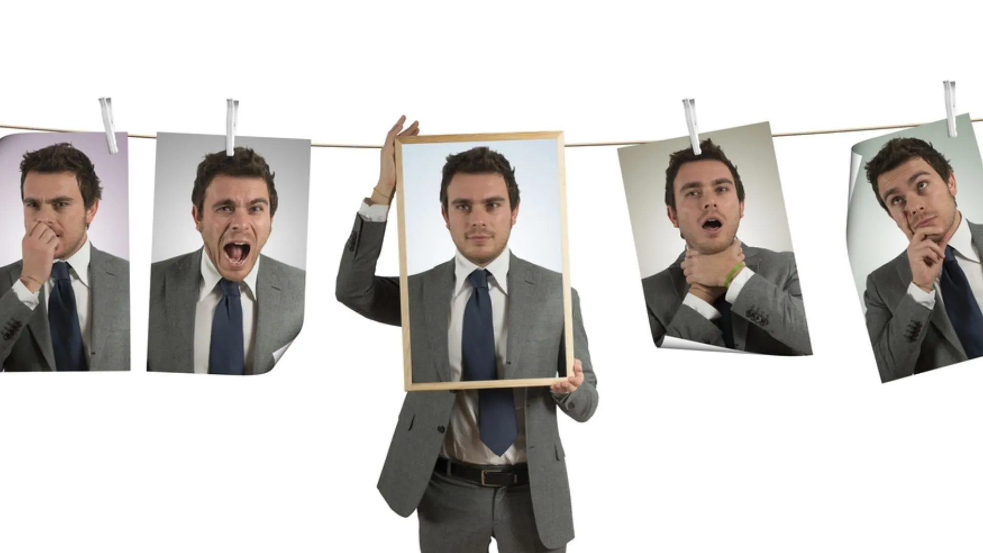 person looking at pictures of himself making different facial expressions