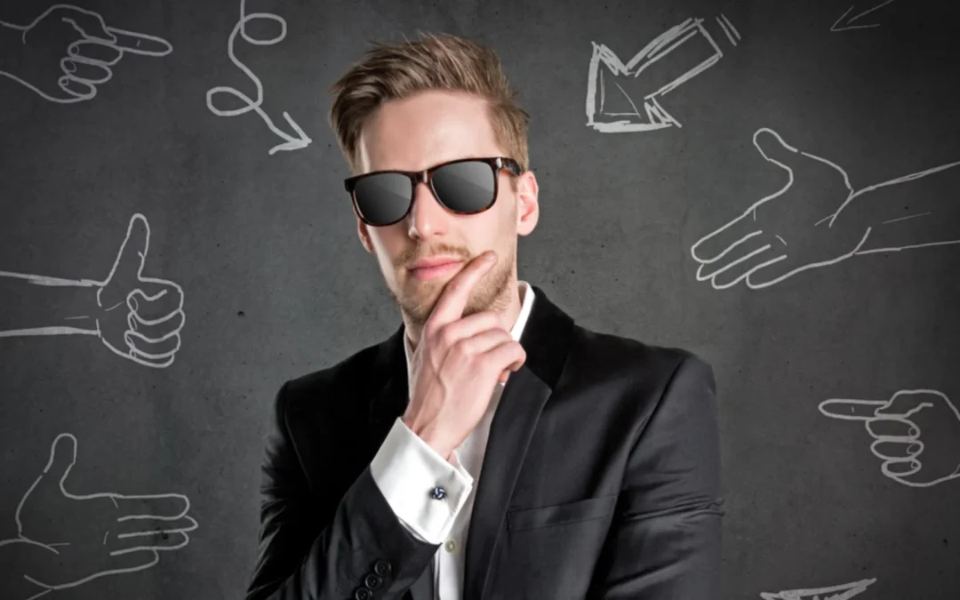 person with sunglasses on pondering with chalk drawings of fingers pointing towards them