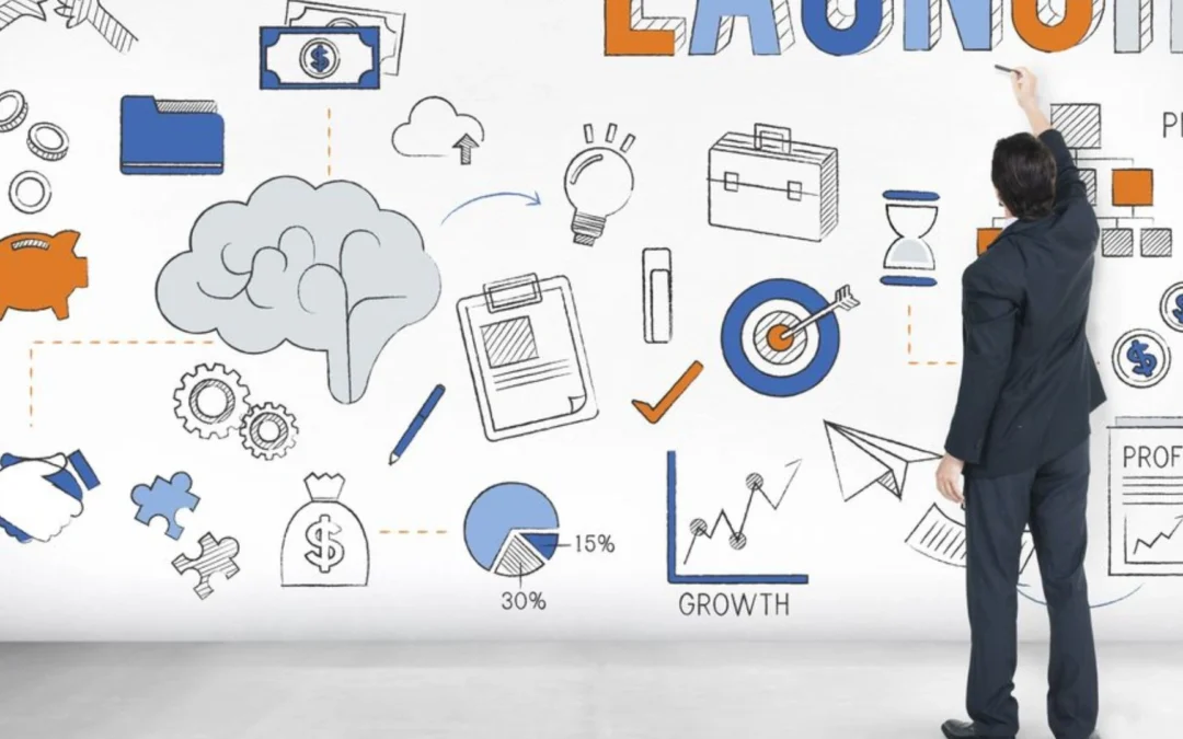 Person standing beside a white board full of ideas