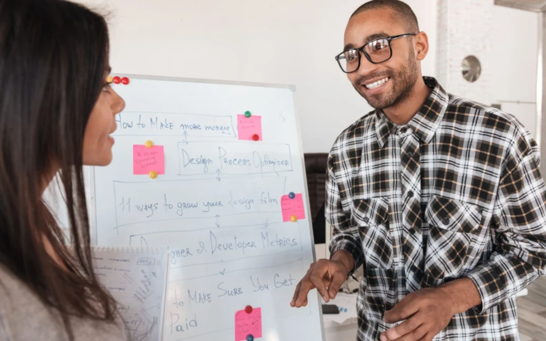 People standing around a flip chart