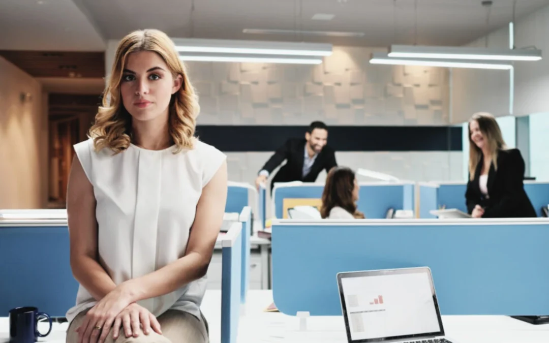 Woman sitting on desk alone while teammate talk without her