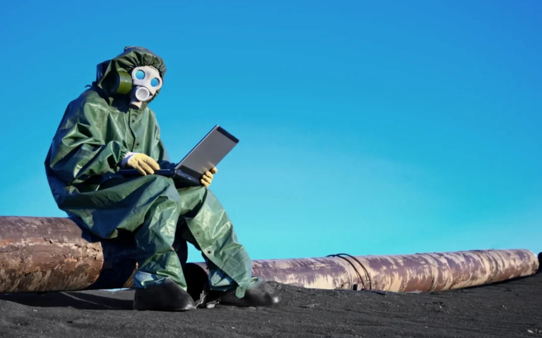 Person working on a laptop in a hazmat suite
