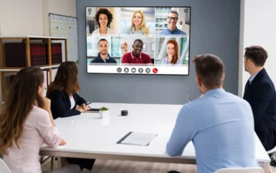 Hybrid team meeting half in person, half over video conference