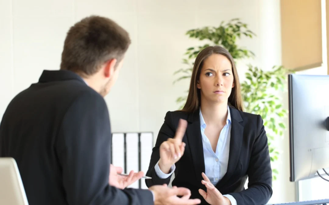 Colleagues talking and woman says no