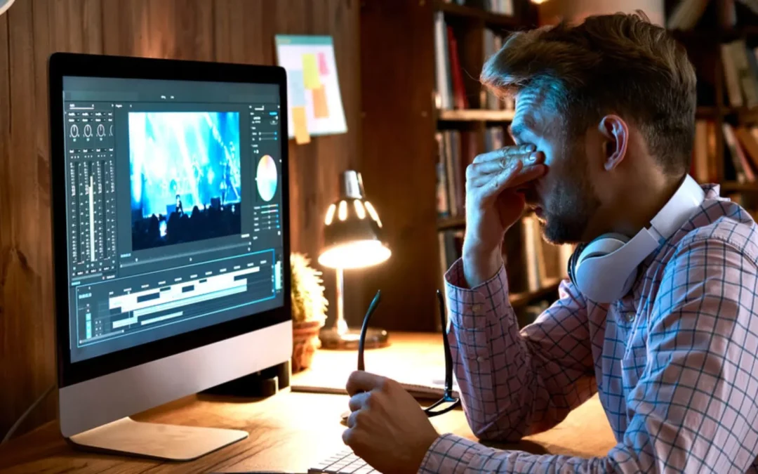 Man working at computer late at night. He's pressing his eyes to relieve the pressure.