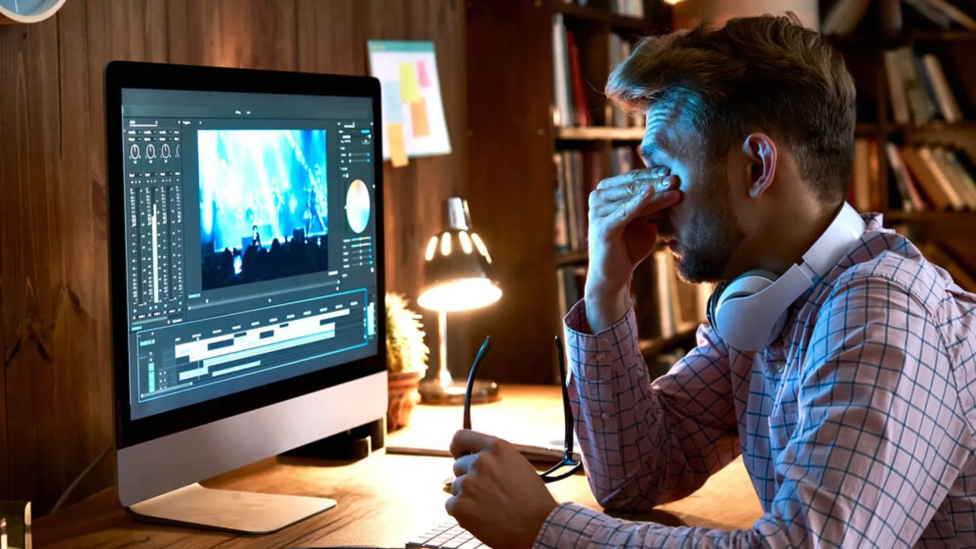 Man working at computer late at night. He's pressing his eyes to relieve the pressure.