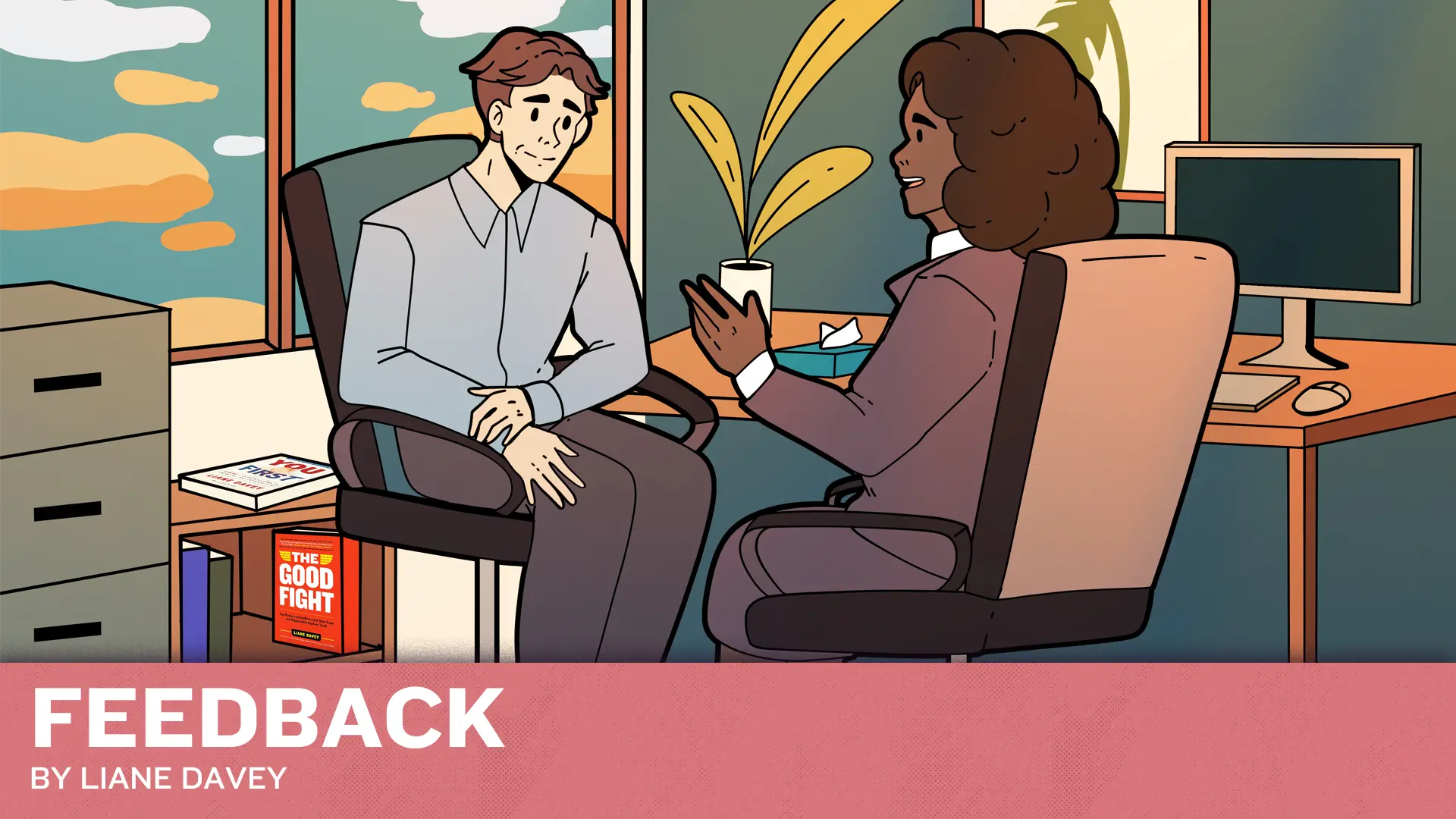 Illustration of a person giving feedback while the other person listens intently