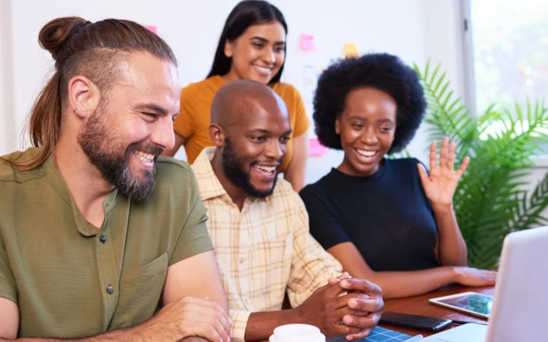 Hybrid team in a meeting together